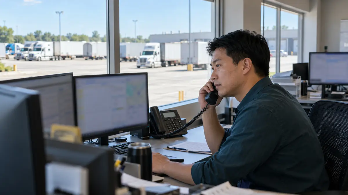 Logistics coordinator speaking by phone with a truckyard beyond the office window