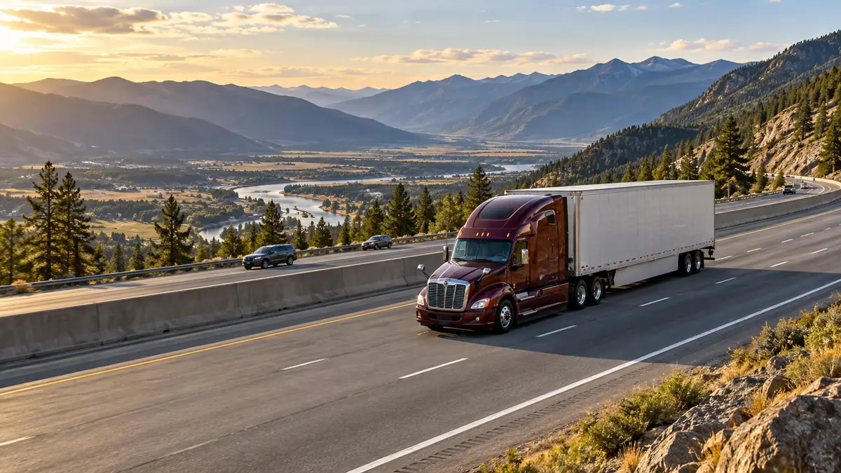 American semi-truck on a mountain highway, illustrative stock photo