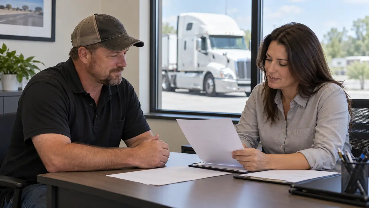 Driver and recruiter reviewing application papers in a trucking office