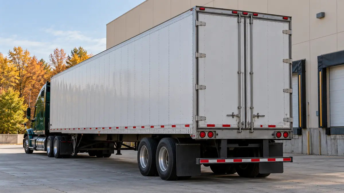 Parked dry van trailer beside a warehouse with closed rear doors