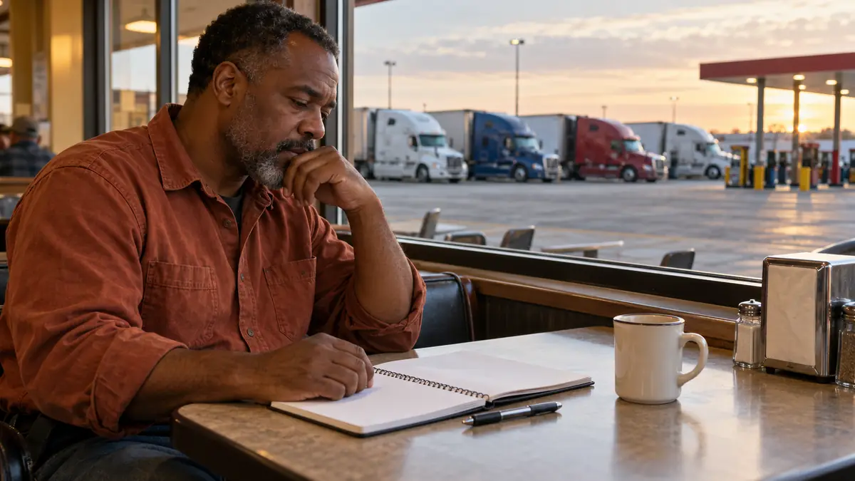 Truck driver seated in a cab, illustrative stock photo