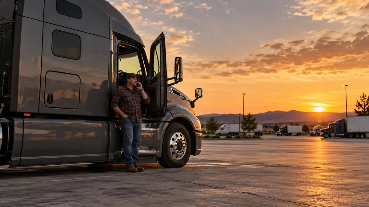 Driver making a phone call beside a parked truck