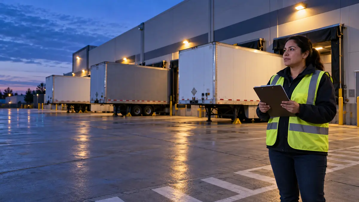 Warehouse planner beside stationary trailers at loading docks before sunrise