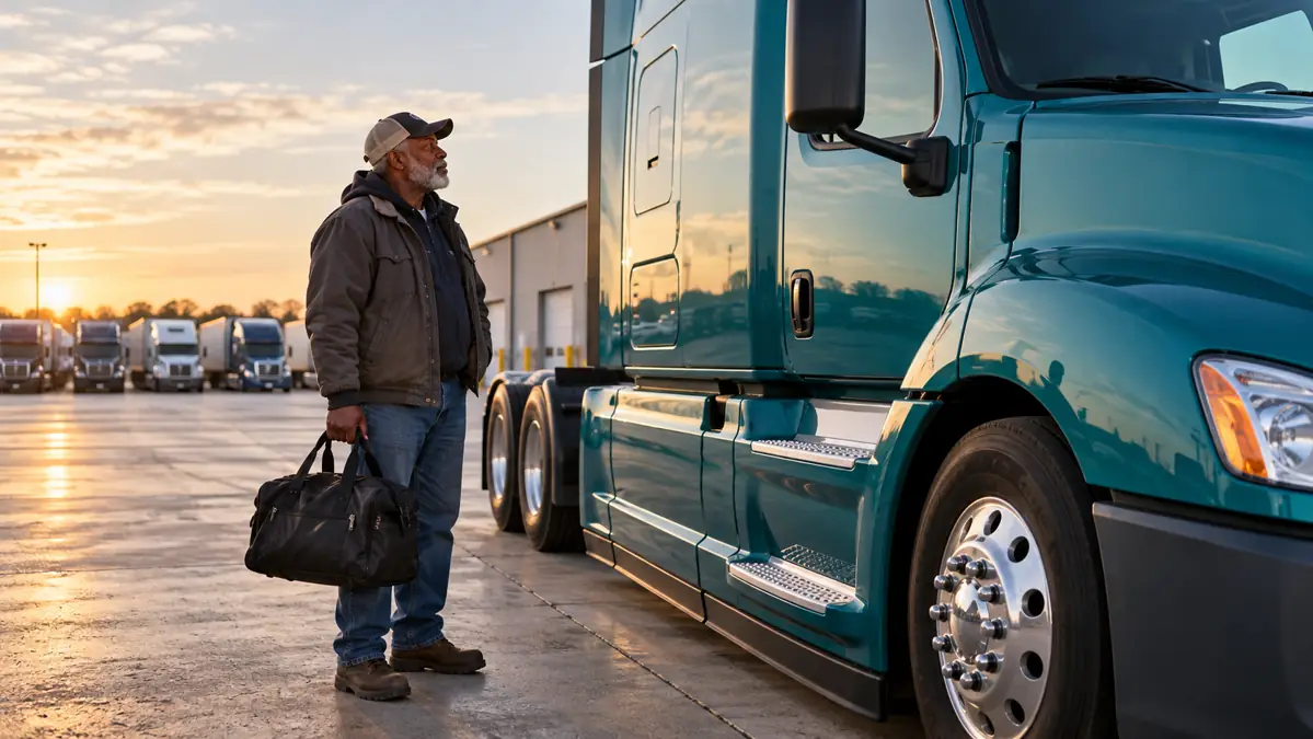 Experienced driver beside a parked truck