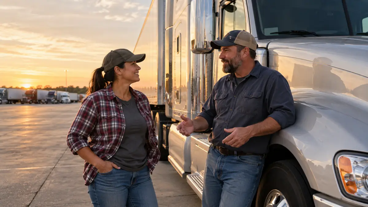 Two truck drivers discussing their work