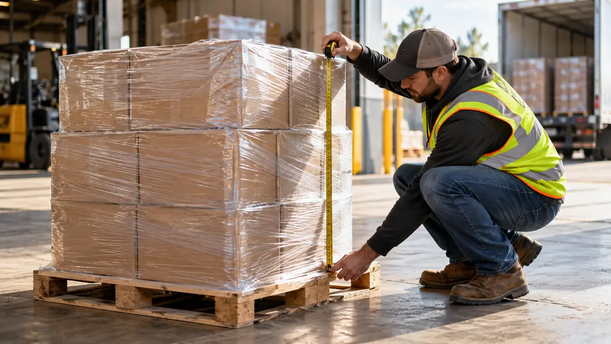 Warehouse worker measuring a freight pallet